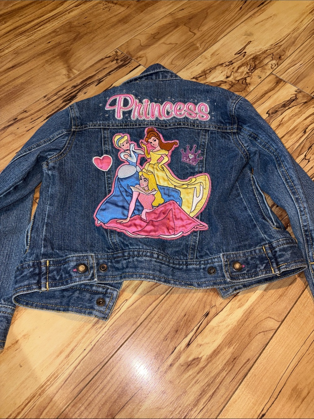 Kids Denim Princess Jacket with Embroidered Princesses - Pink Accent
